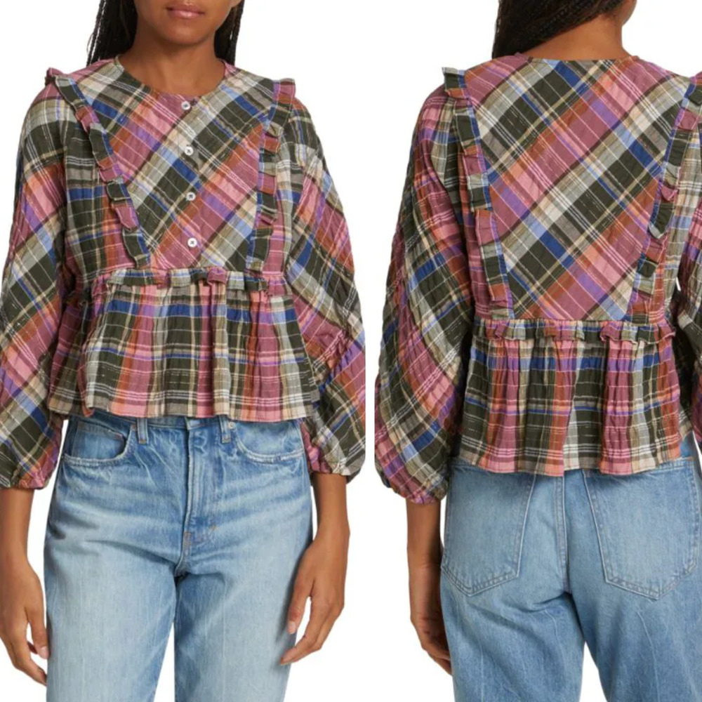 VERONICA BEARD Katalina Colorful Plaid Praire Lagenlook Ruffle Bib Blouse‎